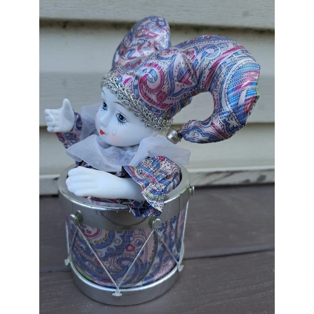 Vintage Musical Animated Jester Clown Doll  Box Porcelain Head Hands